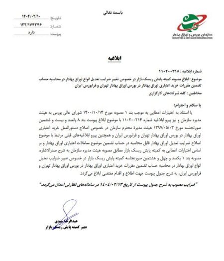 ضرایب خرید اعتباری سهام و سایر اوراق بهادار ابلاغ شد + متن کامل ابلاغیه