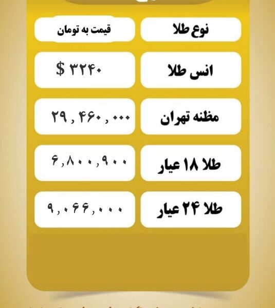 قیمت طلا امروز یکشنبه ۱۴ اردیبهشت ۱۴۰۴ قیمت طلا امروز یکشنبه ۱۴ اردیبهشت ۱۴۰۴