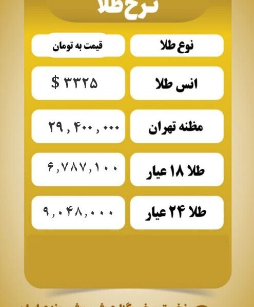 قیمت طلا امروز یکشنبه ۲۱ اردیبهشت ۱۴۰۴ قیمت طلا امروز یکشنبه ۲۱ اردیبهشت ۱۴۰۴