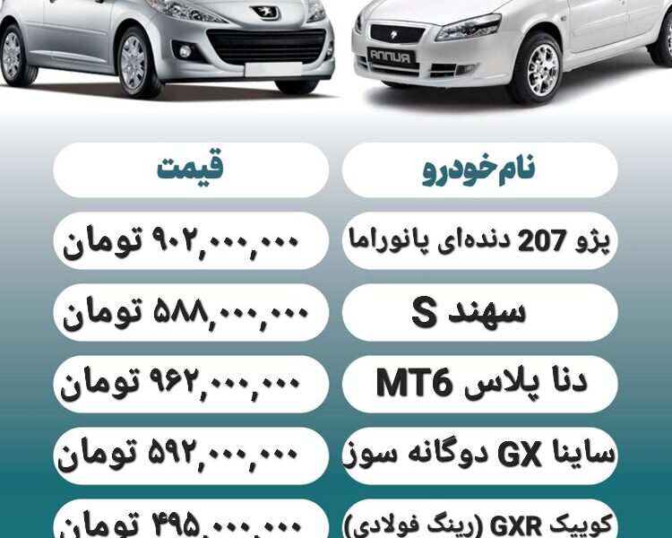 قیمت روز محصولات ایران خودرو و سایپا ۲۵ اردیبهشت + جدول