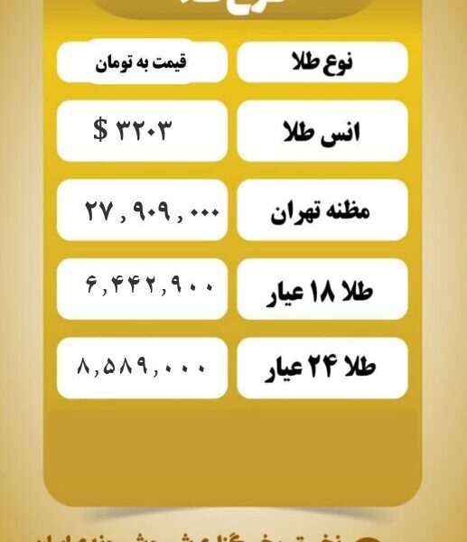قیمت طلا امروز شنبه ۲۷ اردیبهشت ۱۴۰۴ قیمت طلا امروز شنبه ۲۷ اردیبهشت ۱۴۰۴