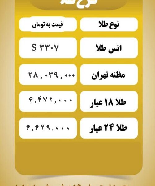 قیمت طلا امروز سه شنبه ۶ خرداد ۱۴۰۴ قیمت طلا امروز سه شنبه ۶ خرداد ۱۴۰۴