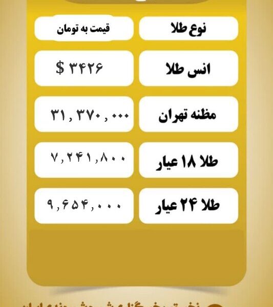 قیمت طلا امروز چهارشنبه ۱ مرداد ۱۴۰۴ قیمت طلا امروز چهارشنبه ۱ مرداد ۱۴۰۴
