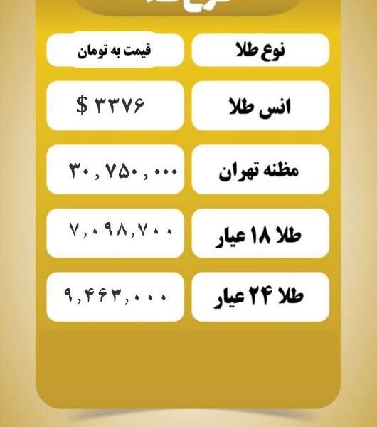 قیمت طلا امروز پنجشنبه ۲ مرداد ۱۴۰۴ قیمت طلا امروز پنجشنبه ۲ مرداد ۱۴۰۴