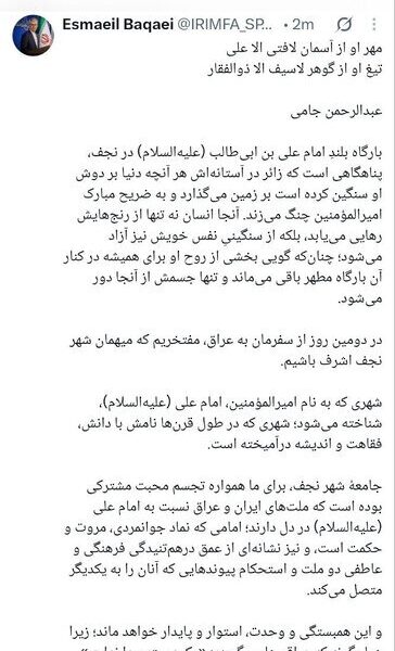 نجف نماد پیوندهای عمیق فرهنگی و عاطفی بین ایران و عراق است نجف نماد پیوندهای عمیق فرهنگی و عاطفی ایران و عراق است