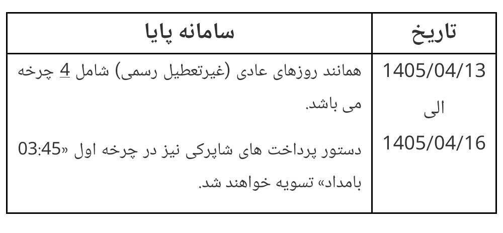 ساعات کاری سامانه پایا در ایام تشییع و خاکسپاری رهبر شهید انقلاب اعلام شد